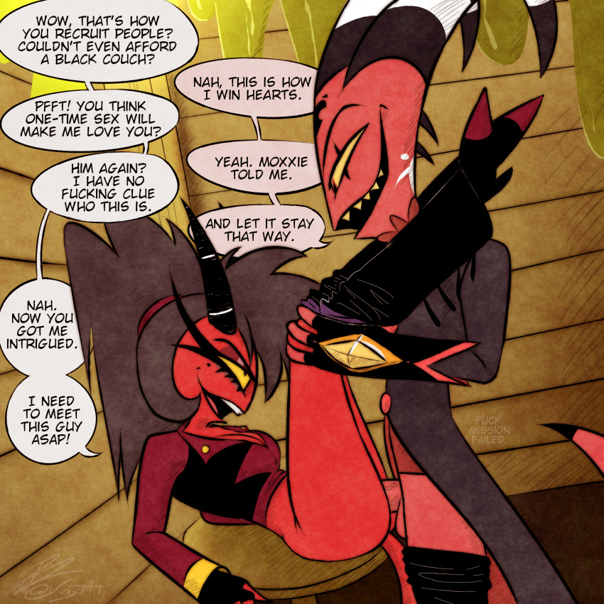 2025 balls black_clothing black_eyes black_gloves black_handwear black_horn black_jacket black_topwear blitzo_(helluva_boss) bottomwear bottomwear_around_legs bottomwear_down breasts cleavage clothed clothing clothing_around_legs cucked_through_time demon dialogue duo english_text erection eye_contact female female_penetrated fingerless_gloves genitals gloves grey_hair hair handwear hellaverse helluva_boss hi_res horn humanoid humanoid_on_humanoid humanoid_penetrated humanoid_penetrating humanoid_penetrating_humanoid imp intraspecies jacket kojot legs_up looking_at_another male male/female male_penetrating male_penetrating_female markings millie_(helluva_boss) mole_(marking) not_furry open_mouth pants pants_around_legs pants_down partially_clothed penetration penis profanity red_balls red_body red_clothing red_eyes red_jacket red_penis red_skin red_topwear sex sharp_teeth side_view speech_bubble teeth text time_travel topwear white_body white_horn white_skin yellow_sclera