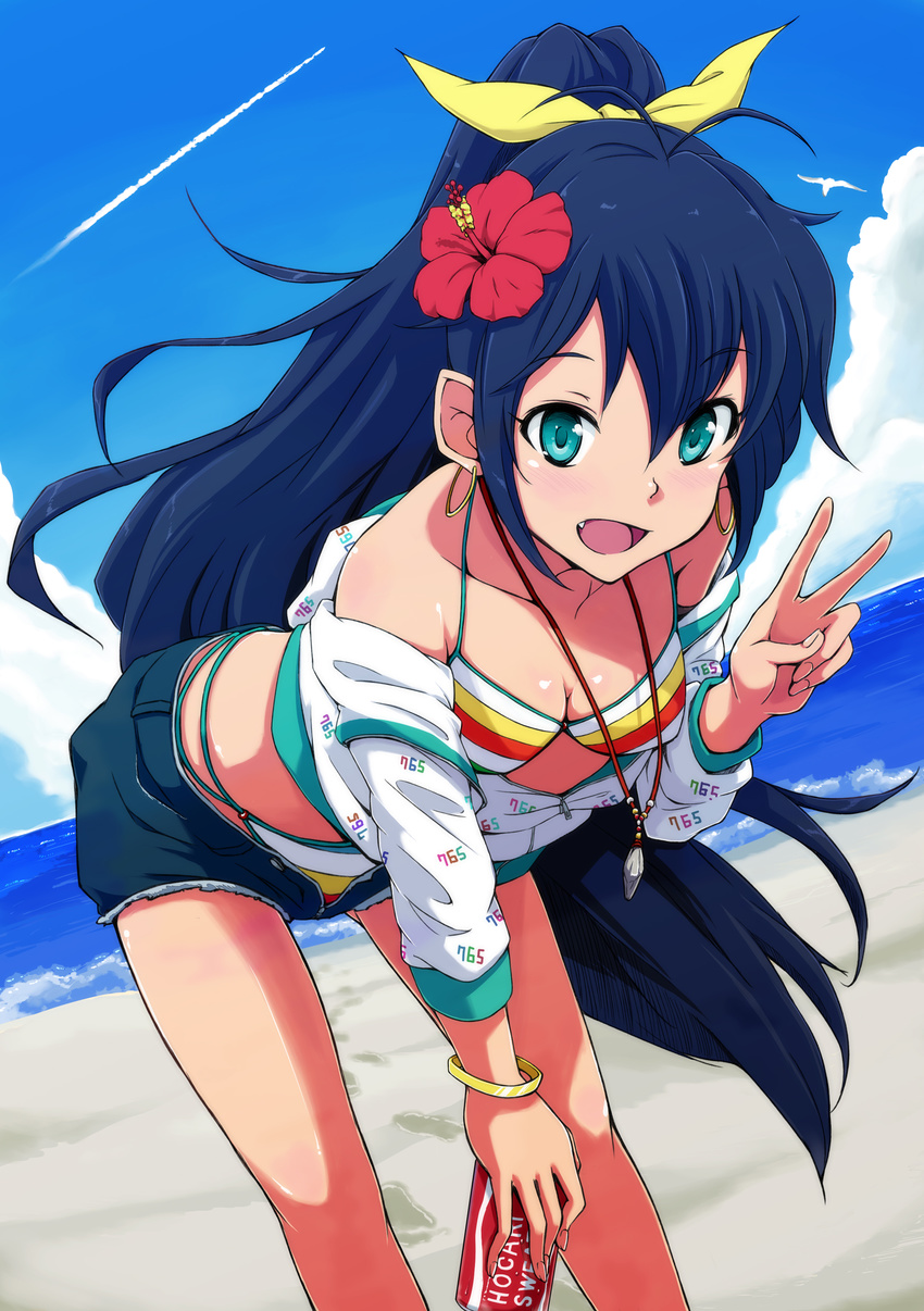 absurdres animal aqua_eyes beach bent_over bikini bikini_under_clothes bird black_hair blush bow bracelet brand_name_imitation breasts can cleavage cloud collarbone condensation_trail cutoffs day denim denim_shorts earrings fang flower ganaha_hibiki hair_bow hair_flower hair_ornament hibiscus highres hoop_earrings idolmaster idolmaster_(classic) jewelry leaning_forward long_hair medium_breasts necklace ocean off_shoulder open_fly open_mouth outdoors pocari_sweat ponytail shorts sky solo striped striped_bikini swimsuit swimsuit_under_clothes tsuttsu unzipped v very_long_hair water