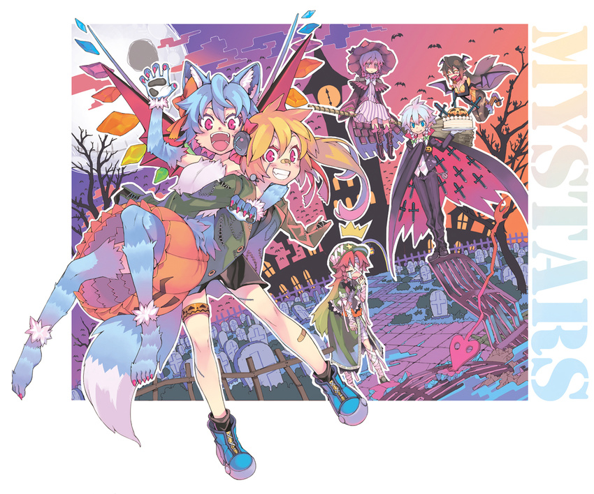 6+girls :&lt; :d =_= ^_^ ahoge alternate_hair_color alternate_hair_length alternate_hairstyle alternate_headwear animal_costume animal_ears arm_up bandages bandaid bandaid_on_leg bandaid_on_nose bat bat_wings blonde_hair blue_eyes blue_hair boots braid broken broom broom_riding brown_hair butler cake cape capelet carrying cat china_dress chinese_clothes clock clock_tower closed_eyes cloud collar colored_eyelashes colorful crying dress elbow_gloves embarrassed eyelashes fang fangs female_butler fence fingernails flandre_scarlet food full_moon gloves gradient gradient_background gradient_hair graveyard green_dress green_hair grin halloween hat head_wings hong_meiling izayoi_sakuya jack-o'-lantern kemonomimi_mode knife koakuma laevatein long_fingernails moon morino_hon multicolored_hair multiple_girls mummy_costume nail_polish night no_hat no_headwear open_mouth pants patchouli_knowledge pointy_ears pumpkin purple_dress purple_hair red_hair remilia_scarlet scarlet_devil_mansion shoes short_hair side_ponytail silver_hair sky smile standing star stitches streaming_tears striped striped_dress tail tears thighhighs touhou tower tray tree twin_braids vampire_costume vertical_stripes vest wavy_mouth wings witch_hat wolf_costume wolf_ears wolf_tail