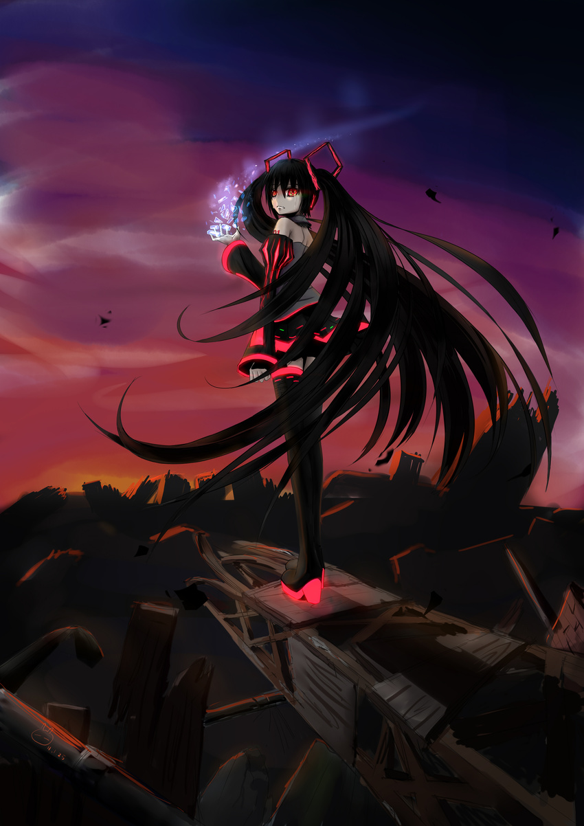 absurdres black_hair black_legwear detached_sleeves from_behind highres looking_back red_eyes ruins skirt solo tears thighhighs tuzki twintails vocaloid zatsune_miku