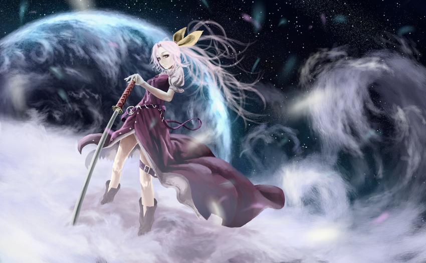 akai_kitsune bad_id bad_pixiv_id belt boots bow dress hair_bow highres katana leg_belt planet ponytail purple_dress purple_eyes purple_hair solo space star_(sky) sword touhou watatsuki_no_yorihime weapon