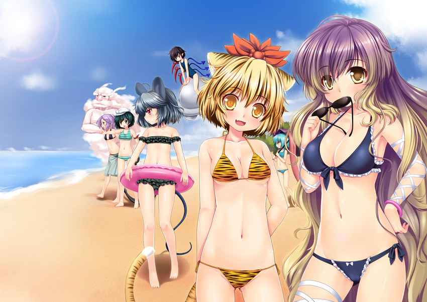 absurdres animal_ears animal_print aqua_sarong asymmetrical_wings beach bikini black_hair blonde_hair blue_hair breasts cleavage cloud day everyone fang frilled_bikini frills front-tie_top gradient_hair grey_hair hair_ornament hat highres hijiri_byakuren houjuu_nue innertube karakasa_obake kemonomimi_mode kumoi_ichirin lens_flare long_hair medium_breasts mouse_ears mouse_tail multicolored_hair multiple_girls murasa_minamitsu navel nazrin ocean one-piece_swimsuit open_mouth outdoors pointy_ears purple_hair red_eyes sailor_hat sarong school_swimsuit short_hair side-tie_bikini sky smile striped striped_bikini striped_swimsuit sunglasses swimsuit tail tatara_kogasa tiger_ears tiger_print tiger_tail toramaru_shou touhou translucent_sarong two-tone_hair umbrella undefined_fantastic_object unzan water wings wolflong yellow_eyes