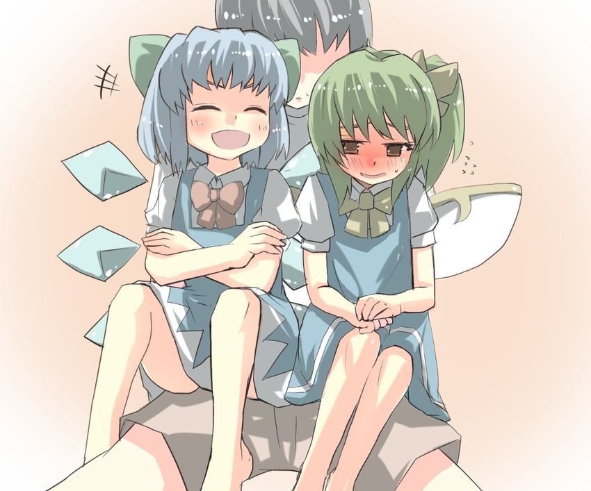 barefoot blue_hair blush bow cirno commentary daiyousei faceless faceless_male gaoo_(frpjx283) green_hair hair_bow hetero multiple_girls open_mouth short_hair side_ponytail sitting touhou wings