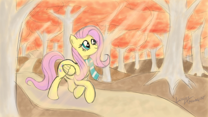 autumn blue_eyes cute equine female feral fluttershy_(mlp) forest friendship_is_magic hair hasbro leaves lunar_apologist lunarapologist mammal my_little_pony pegasus pink_hair scarf solo tree wings wood