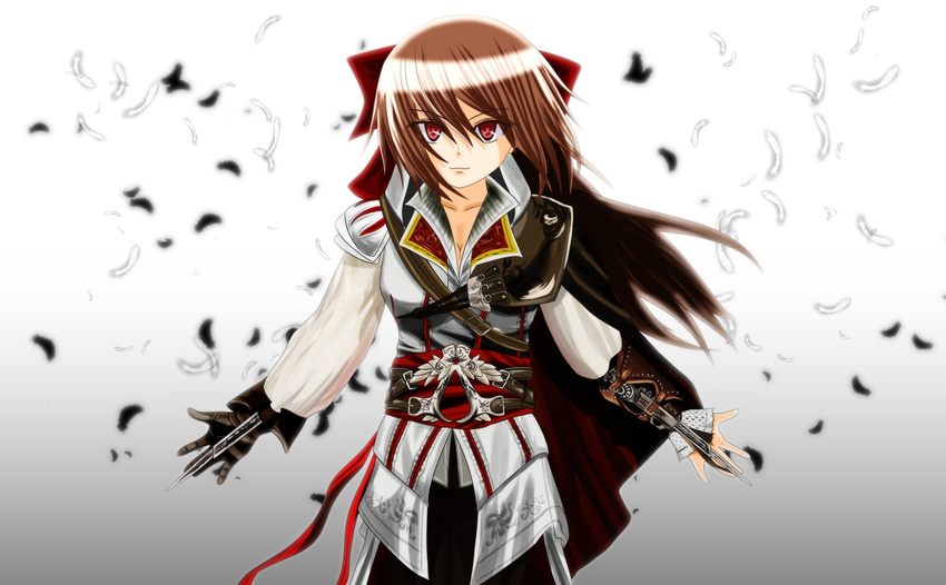assassin's_creed_(series) assassin's_creed_ii bad_id bad_pixiv_id blade bow brown_hair cape cosplay crossover ezio_auditore_da_firenze ezio_auditore_da_firenze_(cosplay) feathers gloves hair_bow hakurei_reimu hidden_blade highres red_eyes solo tomon_(slash0410) touhou vambraces weapon