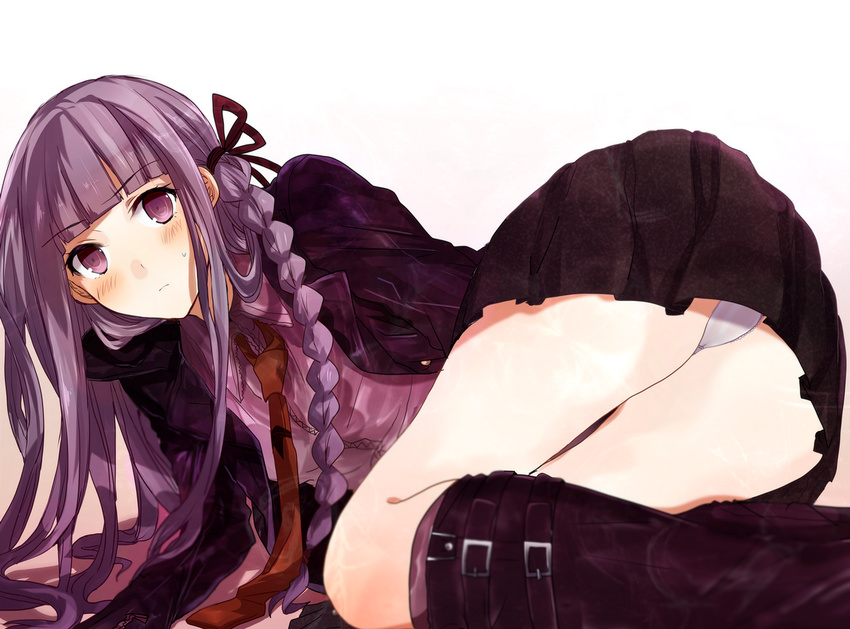 ass bad_id bad_pixiv_id banned_artist blush boots braid danganronpa danganronpa_1 hair_ribbon kirigiri_kyouko long_hair lying necktie okia on_side panties pantyshot pleated_skirt purple_eyes purple_hair ribbon single_braid skirt solo sweatdrop underwear white_panties