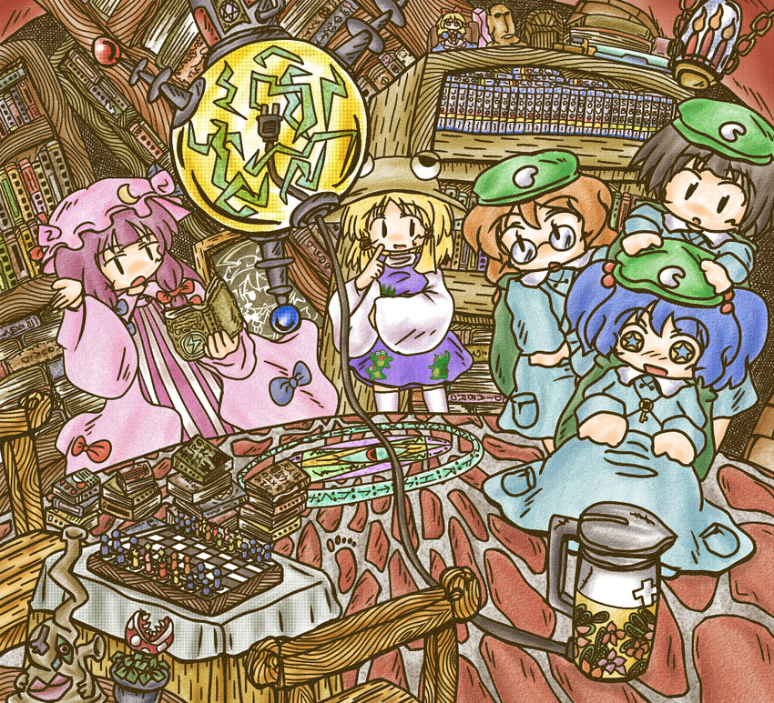 book bookshelf chair chalkboard chessboard dark_haired_kappa extra glasses_kappa inu_sakuya izayoi_sakuya kappa_mob kawashiro_nitori machine magic magic_circle moai moriya_suwako multiple_girls patchouli_knowledge piranha_plant shanghai_doll touhou two_side_up water_boiler ys_(ytoskyoku-57)