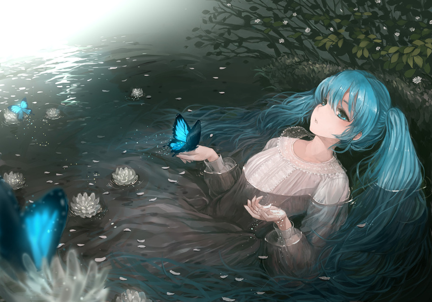 aqua_eyes aqua_hair butterfly dress flowers hatsune_miku petals suzushiro_sayu twintails vocaloid water