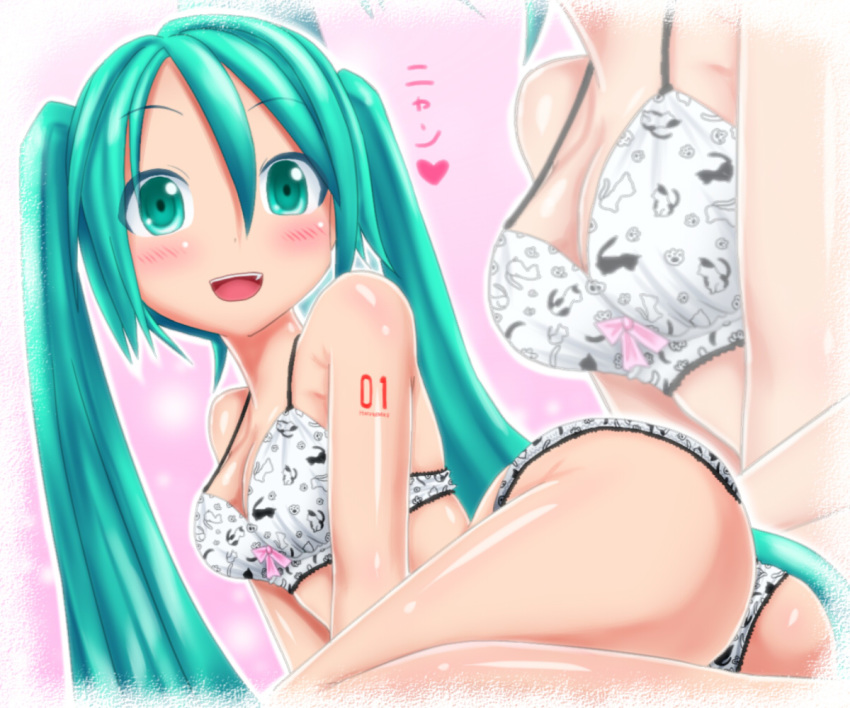 00s 1girl aqua_eyes aqua_hair ass blush bra breasts cleavage close-up hatsune_miku heart kazu-chan long_hair looking_at_viewer medium_breasts multiple_views open_mouth panties print_panties smile text_focus tied_hair translation_request twintails underwear vocaloid