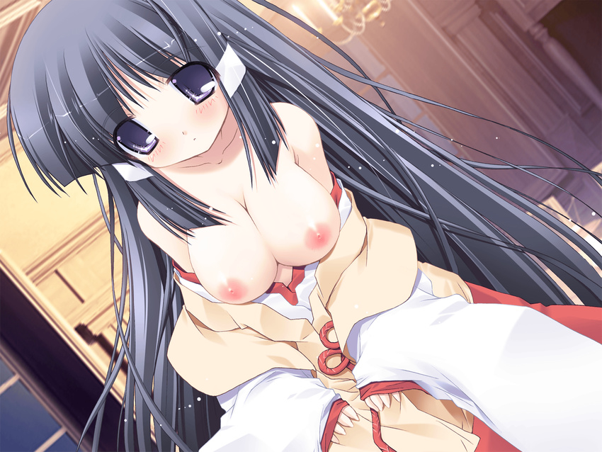 breasts game_cg japanese_clothes kagura long_hair miko nipples ohno_tetsuya prism_ark