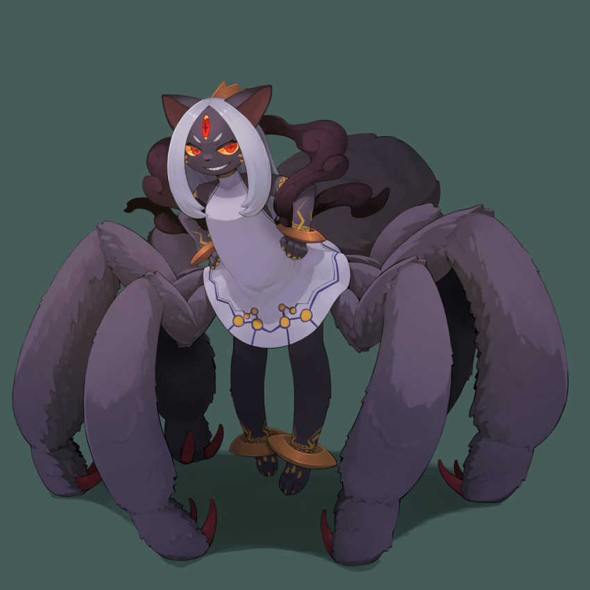 2025 3_eyes 3_toes 8_legs arachnid arachnid_taur arm_markings arthropod arthropod_taur bael_(goetia) barefoot black_body black_ears black_fur black_nose bracelet cheek_markings claws clothed clothing colored cross-shaped_pupils dress facial_markings feet felid feline foot_markings front_view full-length_portrait fur grey_background grey_body grey_fur grin hair hands_on_hips head_markings hi_res humanoid_hands hybrid jewelry kamukamu6392 kemono leg_markings long_hair looking_at_viewer mammal markings monotone_hair multi_eye portrait red_claws red_eyes shaded simple_background smile solo spider spider_taur split_form standing taur the_lesser_key_of_solomon toe_claws toes white_clothing white_dress white_hair yellow_markings yellow_sclera