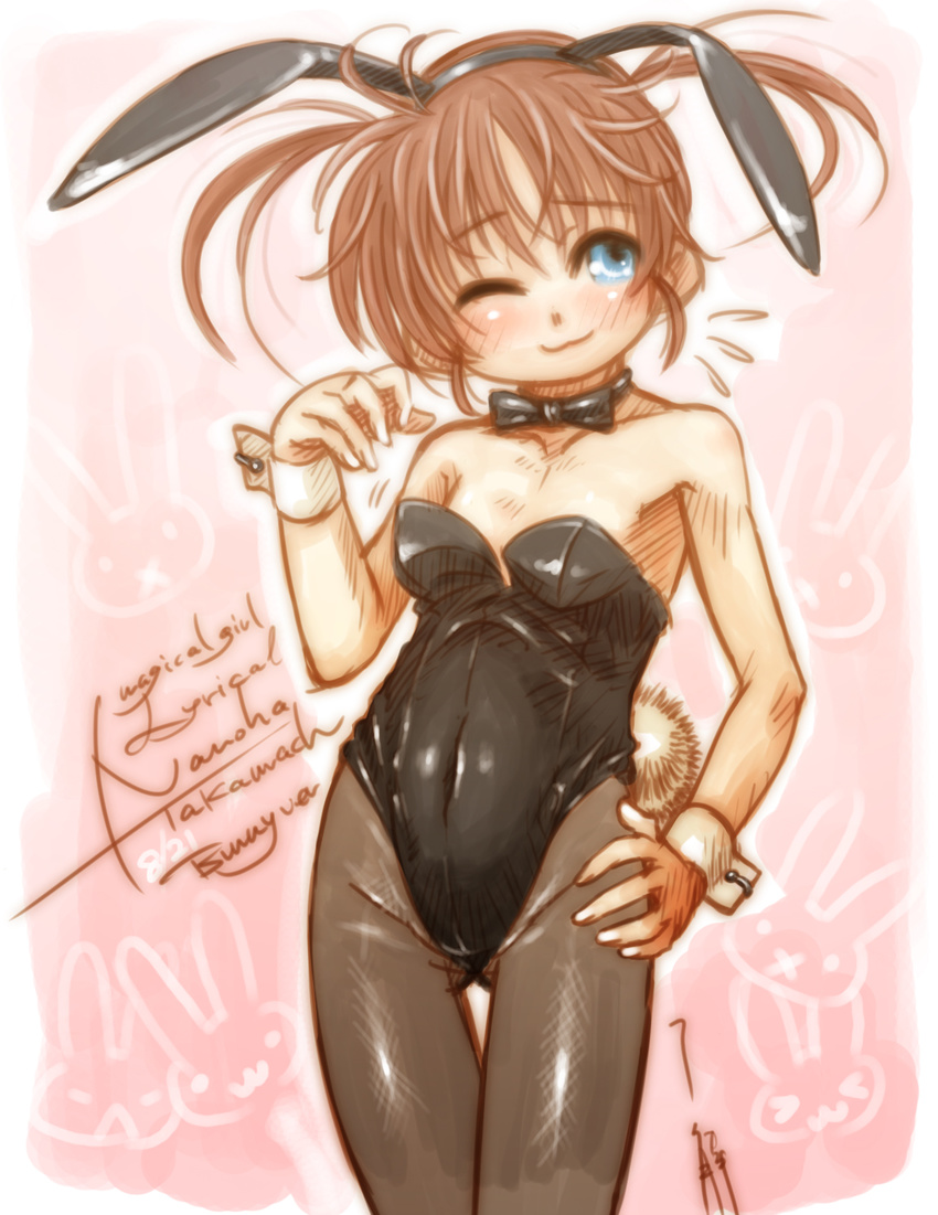 1girl :3 animal_ears bare_shoulders black_pantyhose blue_eyes blush brown_hair commentary_request fishnet_pantyhose fishnets flat_chest highres leotard lyrical_nanoha mahou_shoujo_lyrical_nanoha one_eye_closed oversized_breast_cup pantyhose playboy_bunny rabbit rabbit_ears rabbit_tail ryou_(shirotsumesou) short_hair smile solo strapless strapless_leotard sweatdrop tail takamachi_nanoha twintails wrist_cuffs