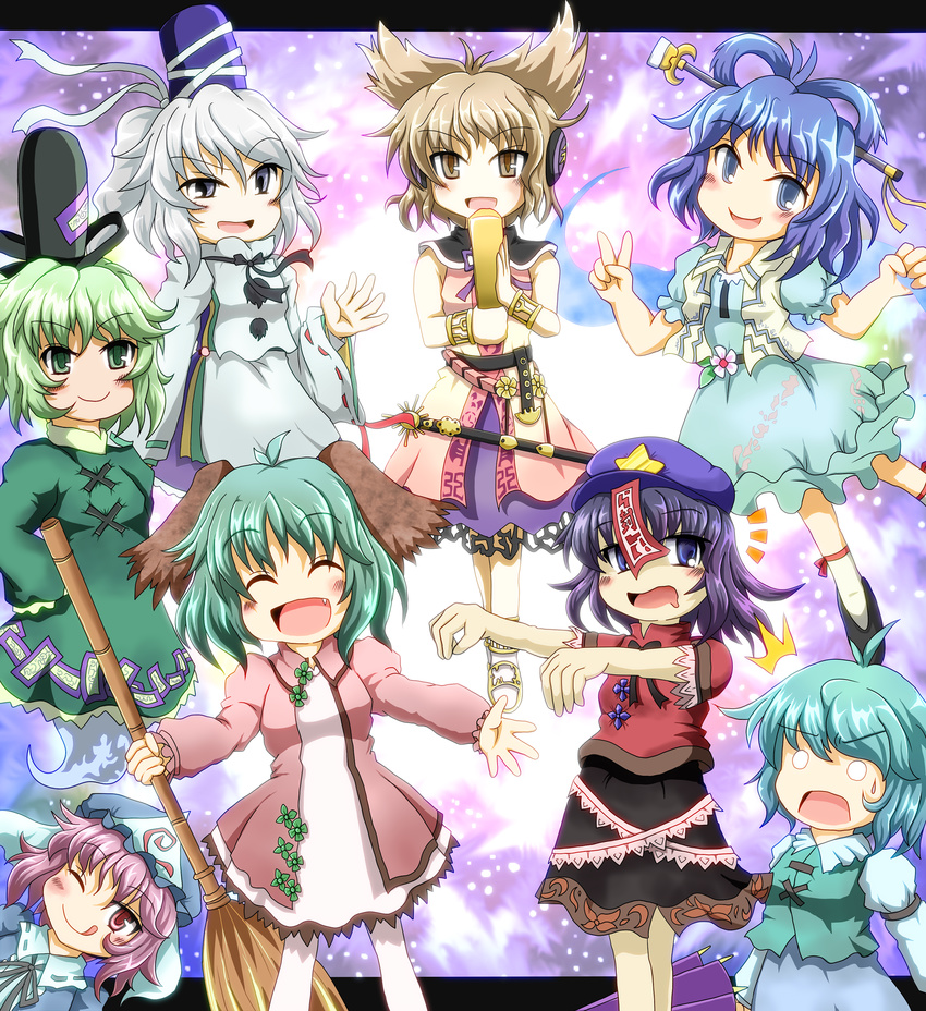 :p :q absurdres animal_ears bamboo_broom blue_eyes blue_hair blush broom closed_eyes dress drooling earmuffs fang ghost ghost_tail green_dress green_hair grey_eyes grey_hair hair_ornament hair_rings hair_stick hat highres japanese_clothes jiangshi kaku_seiga karakasa_obake kasodani_kyouko long_hair miyako_yoshika mononobe_no_futo multiple_girls no_nose ofuda one_eye_closed open_mouth outstretched_arms pale_skin pink_eyes pink_hair ponytail ritual_baton saigyouji_yuyuko scabbard shawl sheath sheathed short_hair silver_hair skirt smile soga_no_tojiko sore_(whirlwind) star sword tatara_kogasa tate_eboshi ten_desires tongue tongue_out touhou toyosatomimi_no_miko triangular_headpiece umbrella weapon zombie_pose