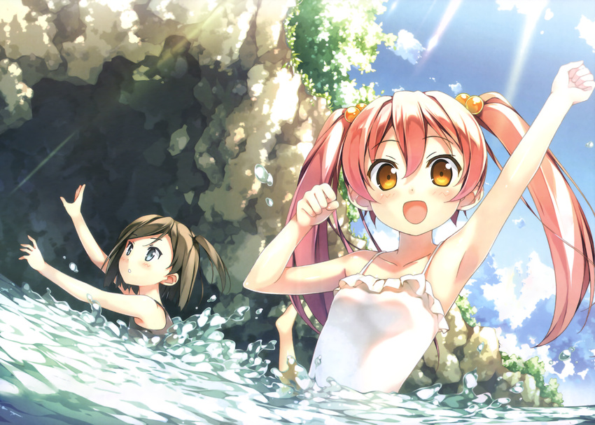 :d arm_up armpits bangs bare_shoulders black_hair black_swimsuit blue_eyes blush breasts casual_one-piece_swimsuit clenched_hands cloud day dutch_angle emanuella_porlallora frilled_swimsuit frills hair_between_eyes hair_bobbles hair_ornament happy hentai_ouji_to_warawanai_neko. highres kantoku leg_up light_rays long_hair looking_at_viewer multiple_girls official_art one-piece_swimsuit one_side_up open_mouth orange_eyes outdoors outstretched_arms parted_lips partially_submerged pink_hair raised_fist rock school_swimsuit short_hair sky small_breasts smile sunbeam sunlight swept_bangs swimming swimsuit tsutsukakushi_tsukiko twintails water white_swimsuit