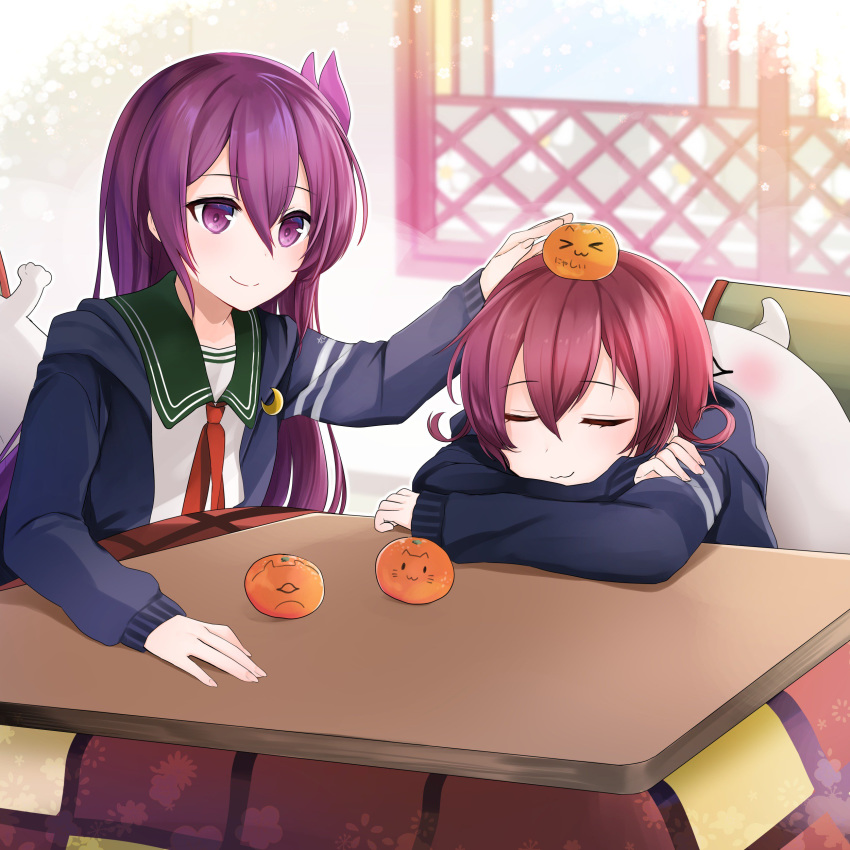 2girls :3 absurdres bangs crescent crescent_moon_pin enemy_lifebuoy_(kantai_collection) eyebrows_visible_through_hair eyes_closed fingernails food food_on_head fruit fruit_on_head gradient_hair green_sailor_collar hair_between_eyes hair_ornament highres kantai_collection kisaragi_(kantai_collection) kotatsu long_hair long_sleeves multicolored_hair multiple_girls mutsuki_(kantai_collection) object_on_head orange purple_eyes purple_hair red_hair remodel_(kantai_collection) sailor_collar school_uniform serafuku shinkaisei-kan short_hair sitting smile table window yunamaro