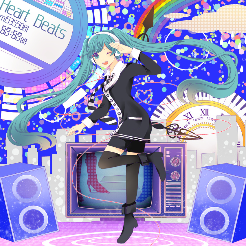 absurdres aqua_eyes aqua_hair hatsune_miku headphones heart_beats_(vocaloid) highres komine long_hair one_eye_closed open_mouth shoes smile solo speaker television thighhighs twintails very_long_hair vocaloid