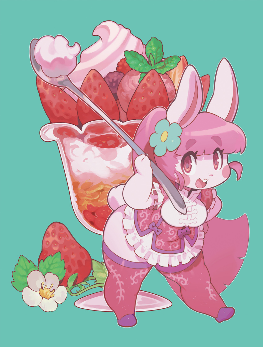 absurd_res accessory anthro asian_clothing berry blue_background bow_ribbon breasts chao_pyon_pyon clothing cutlery dairy_products dress east_asian_clothing eyelashes female flower flower_in_hair food frilly frilly_clothing fruit fur hair hair_accessory hi_res holding_object kaeritai07 kitchen_utensils lagomorph legwear leporid mammal open_mouth parfait_(dessert) pink_body pink_clothing pink_dress pink_eyes pink_fur pink_hair pink_legwear pink_thigh_highs plant rabbit redraw rosy_cheeks simple_background smaller_version_at_source solo spoon strawberry tail thick_thighs thigh_highs tools whipped_cream