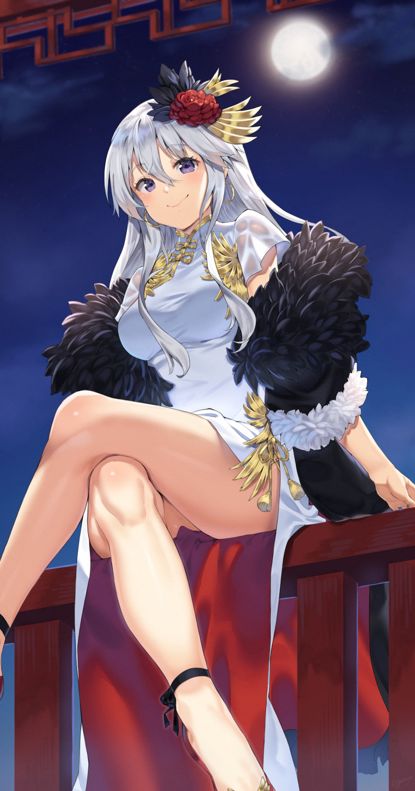 1girl absurdres alternate_costume ankle_ribbon azur_lane bangs bare_legs black_ribbon blush breasts china_dress chinese_clothes closed_mouth commentary_request dress earrings enterprise_(azur_lane) eyebrows_visible_through_hair feather-trimmed_coat floating_hair flower from_behind fur-trimmed_sleeves fur_trim gold_trim hair_between_eyes hair_flower hair_ornament highres hoop_earrings jewelry joker_(tomakin524) legs_crossed long_hair looking_at_viewer looking_down medium_breasts moon night night_sky off_shoulder pelvic_curtain purple_eyes red_flower red_footwear ribbon shoes sidelocks signature silver_hair sitting sky smile solo thighs white_dress