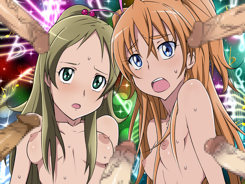 2girls afraid blush breasts censored cure_melody cure_rhythm female highres houjou_hibiki ice-place ice_place male minamino_kanade multiple_girls nipples nude open_mouth penis precure suite_precure
