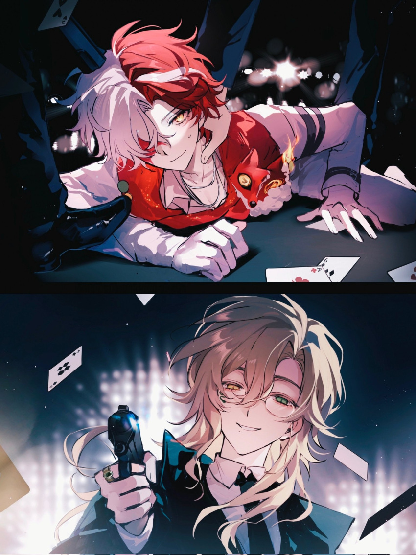 4boys aiming aiming_at_viewer black_jacket black_necktie blonde_hair card dress_shoes english_commentary especiala floating_card floating_hair florian_brand florian_brand_(spirit_fox) glasses gloves green_eyes grin gun hair_between_eyes hair_intakes hair_over_one_eye hand_on_another's_neck head_tilt held_down heterochromia highres holding holding_gun holding_weapon identity_v jacket jewelry looking_at_viewer lying male_focus mole mole_under_mouth multicolored_hair multiple_boys necktie official_alternate_costume out_of_frame pale_skin pants playing_card red_hair red_scarf restrained richard_sterling richard_sterling_(art_dealer) ring scarf semi-rimless_eyewear shirt single_glove small_sweatdrop smile split-color_hair suit wavy_hair weapon white_gloves white_hair white_jacket white_pants white_shirt white_streaks yellow_eyes