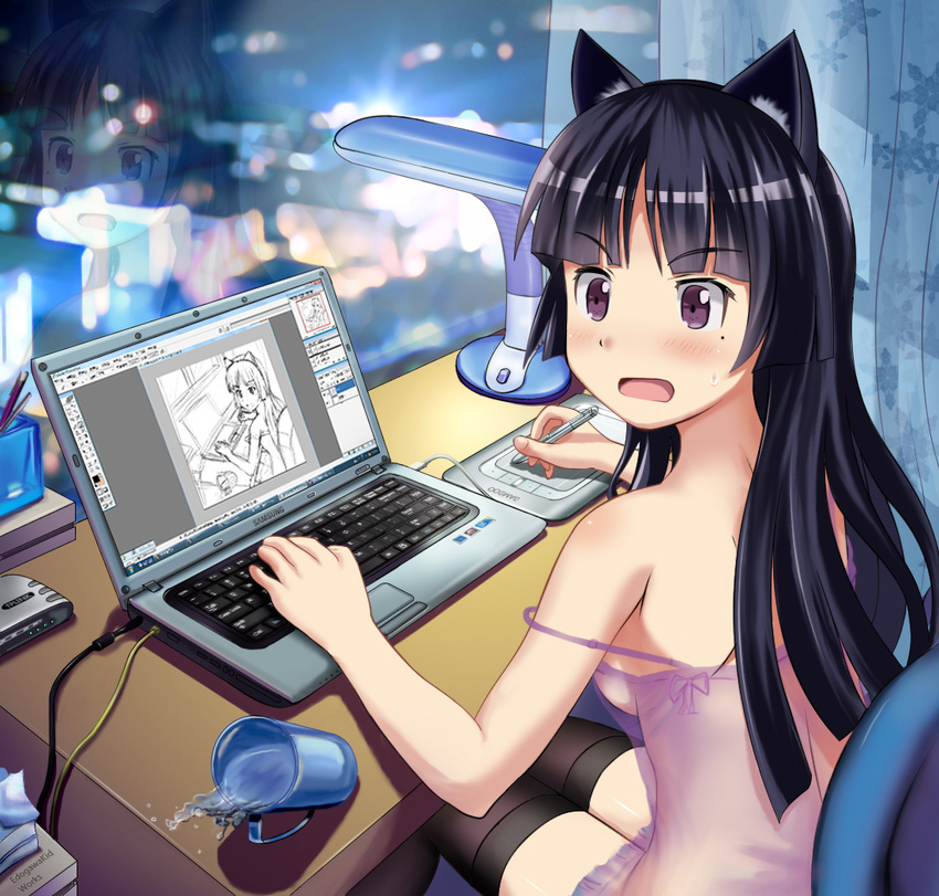 accident animal_ears bad_reflection bare_shoulders black_hair black_legwear blush breasts cat_ears chemise computer edogawakid error gokou_ruri hairband laptop long_hair medium_breasts modem mole mole_under_eye no_bra off_shoulder open_mouth ore_no_imouto_ga_konna_ni_kawaii_wake_ga_nai purple_eyes recursion reflection see-through sideboob sitting solo spilling strap_slip sweat table tablet thighhighs wacom