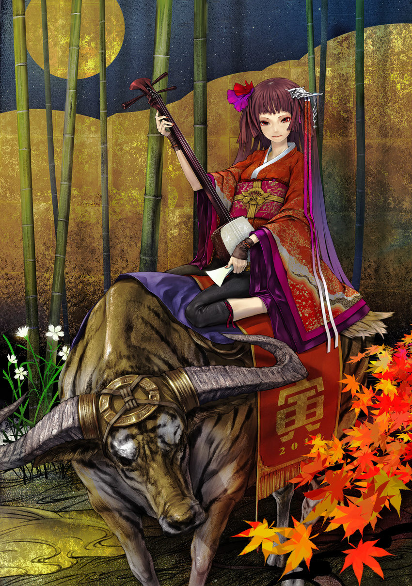 absurdres autumn autumn_leaves bachi bamboo bamboo_forest bangs blunt_bangs brown_hair bull flower forest hair_flower hair_ornament highres hime_cut horns instrument japanese_clothes jewelry kimono leaf long_hair makeup maple_leaf nature obi original plectrum red_eyes redjuice sash shamisen short_kimono sidelocks sitting smile solo straight_hair very_long_hair water_buffalo