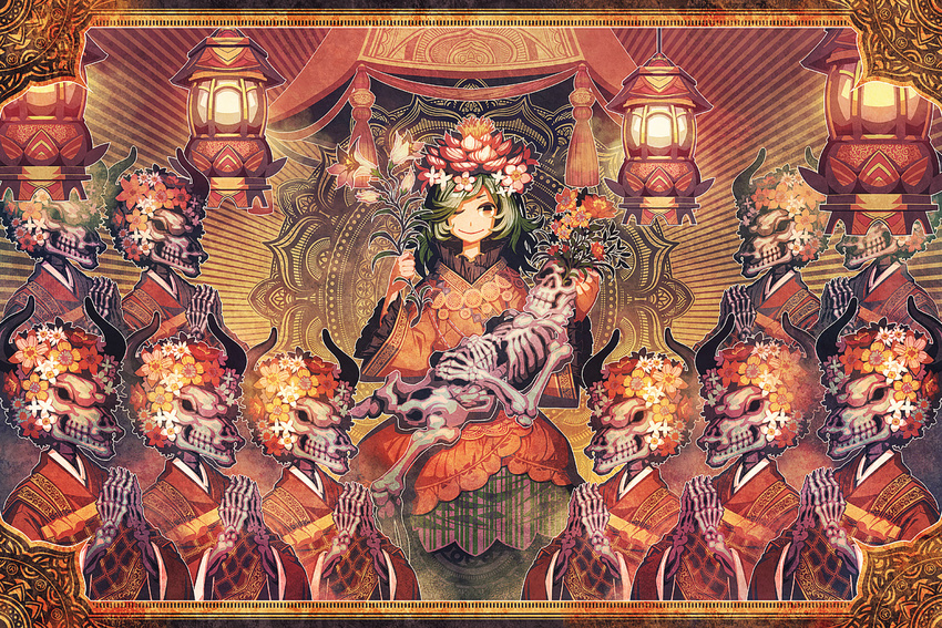 buddhism flower funeral green_hair hair_flower hair_ornament horns lamp long_hair long_sleeves lotus monk one_eye_closed orange_eyes original praying robe skeleton solo zounose