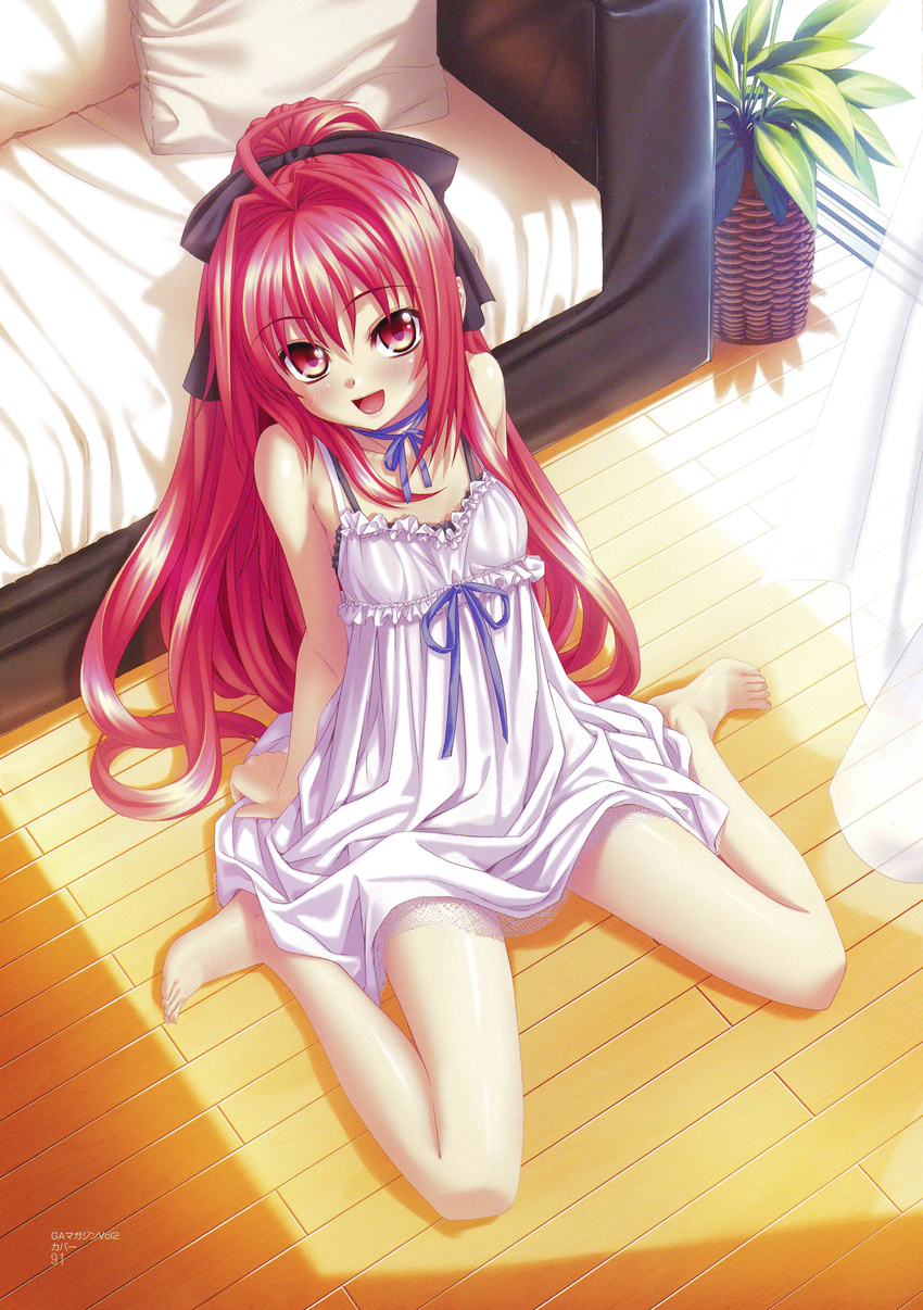 :d absurdres ahoge arm_support bare_legs bare_shoulders barefoot blush bow bra corticarte_apa_lagranges couch dress flat_chest from_above hair_bow highres kannatsuki_noboru lingerie lips long_hair looking_up nightgown open_mouth ponytail red_eyes red_hair scan shinkyoku_soukai_polyphonica sitting smile solo underwear wariza