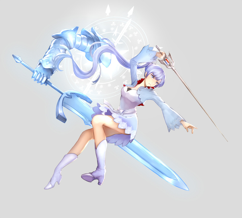 1girl arm_up blue blue_sleeves boots dress eyes floating_hair full_body grey_background highres kometukimushi long_hair long_sleeves outstretched_arm rwby short_dress shrug_(clothing) silver_hair simple_background sleeveless sleeveless_dress solo strapless strapless_dress very_long_hair weiss_schnee white_dress white_footwear