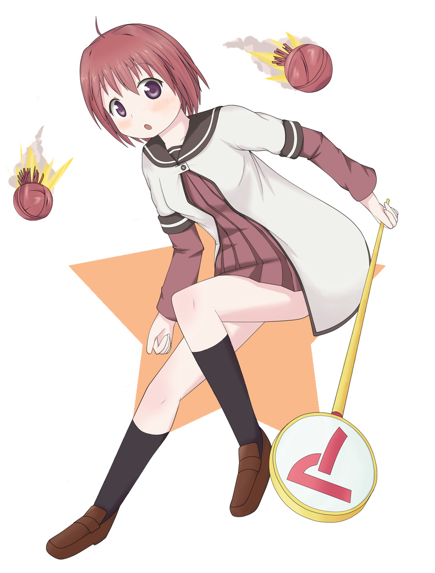 :o akaza_akari bad_id bad_pixiv_id double_bun full_body highres hunnyozaurus long_sleeves nanamori_school_uniform purple_eyes red_hair school_uniform serafuku shoes short_hair short_over_long_sleeves short_sleeves solo staff transparent_background yuru_yuri