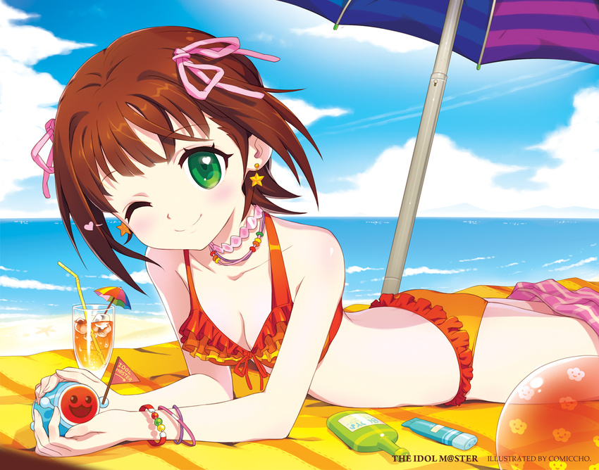 ;) amami_haruka arm_support ass ball bangle bangs bare_shoulders beach beach_towel beach_umbrella beachball bendy_straw bikini blue_sky blush bottle bow bracelet breasts brown_hair choker cleavage cloud cocktail cocktail_umbrella collarbone comiccho company_connection day drink drinking_straw earrings frilled_bikini frills front-tie_bikini front-tie_top green_eyes hair_bow hair_ribbon horizon idolmaster idolmaster_(classic) jewelry looking_at_viewer lotion_bottle lying medium_breasts namco necklace ocean on_stomach one_eye_closed orange_bikini outdoors parasol pink_bow pink_ribbon red_bikini ribbon short_hair sky smile solo star star_earrings sunlight swimsuit taiko_no_tatsujin towel tropical_drink umbrella wada_don water