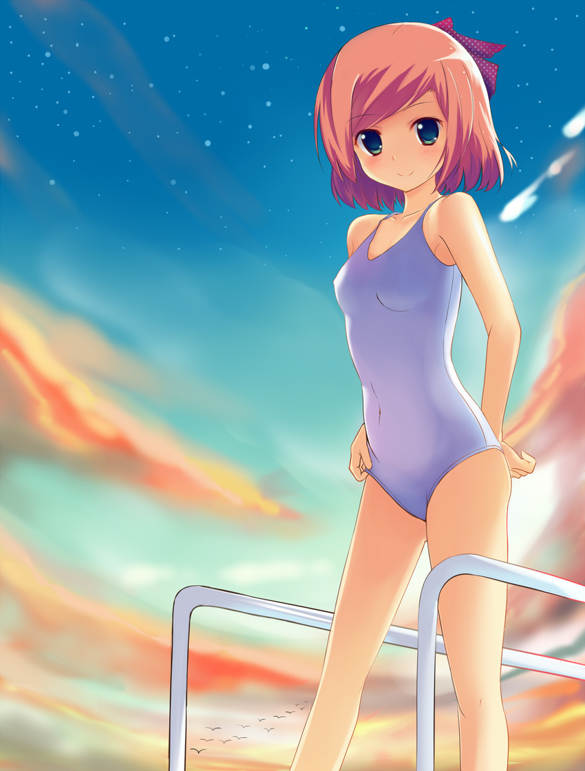 bad_id bad_pixiv_id bare_shoulders green_eyes highres one-piece_swimsuit original pini red_hair short_hair smile solo sunset swimsuit white_swimsuit