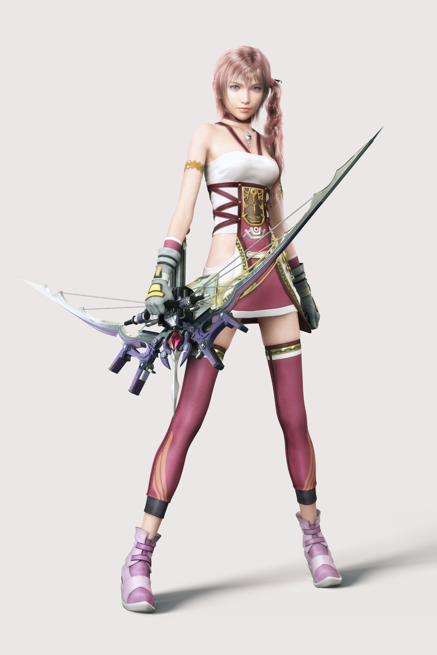 3d absurdres blue_eyes bow_(weapon) crossbow final_fantasy final_fantasy_xiii final_fantasy_xiii-2 gloves highres jewelry long_hair naora_yusuke necklace official_art pink_hair serah_farron side_ponytail solo thighhighs weapon