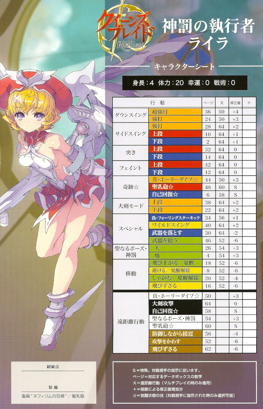 akaga_hirotaka angel_wings armlet armor armored_dress asymmetrical_wings bangs blonde_hair boots bracer breastplate breasts character_profile gun hat high_heels highres laila_(queen's_blade) legs mechanical_wings medium_breasts no_bra official_art purple_eyes queen's_blade queen's_blade_rebellion shoes short_hair sideboob skirt solo weapon winged_hat winged_shoes wings