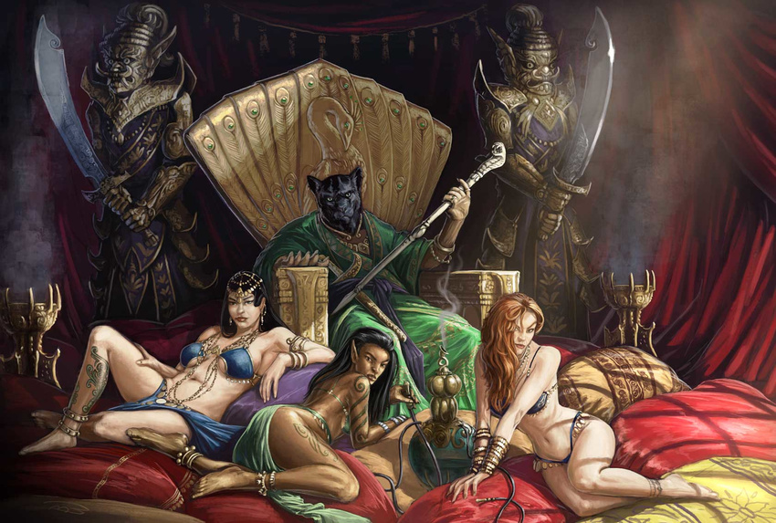 black_hair clothed clothing dark_skin dungeons_&amp;_dragons elf feline female hair harem human jewelry male mammal panther rakshasa red_hair robes skimpy sword tattoo throne water_pipe weapon