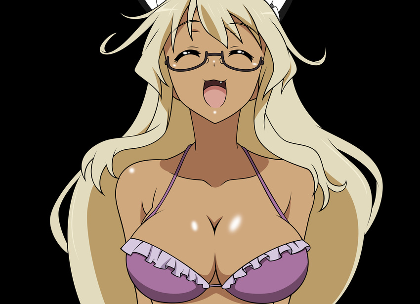 absurdres artist_request blonde_hair bra breasts closed_eyes dark_skin fang glasses highres large_breasts lingerie long_hair mayo_chiki! narumi_nakuru non-web_source open_mouth smile solo underwear