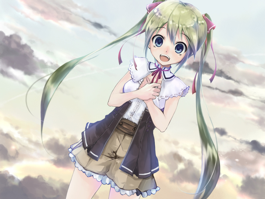 blue_eyes cloud green_hair hair_ribbon hatsune_miku long_hair nanabuluku open_mouth ribbon skirt solo twintails very_long_hair vocaloid