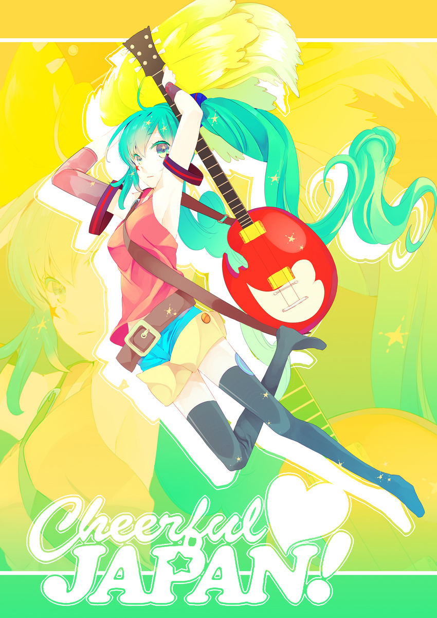 absurdres aqua_eyes aqua_hair arms_up belt guitar hatsune_miku highres instrument kyama long_hair shorts solo thighhighs twintails very_long_hair vocaloid zoom_layer