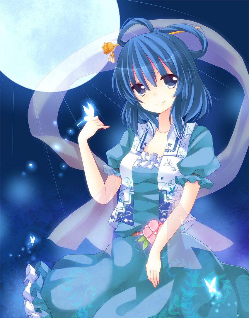 bad_id bad_pixiv_id belt blue_dress blue_eyes blue_hair bug butterfly dress flower full_moon glowing hair_ornament hair_rings hair_stick highres ikeda_hazuki insect kaku_seiga lights moon night shawl smile solo touhou vest