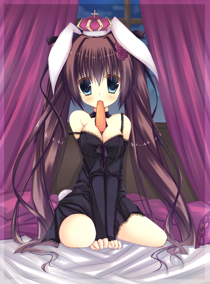 animal_ears bad_id bad_pixiv_id bed blue_eyes bow breast_press breasts brown_hair bunny_ears carrot choker crown curtains flower food_in_mouth highres kannagi_miko lingerie long_hair medium_breasts mouth_hold night original red_flower red_rose rose sitting solo twintails underwear wariza window