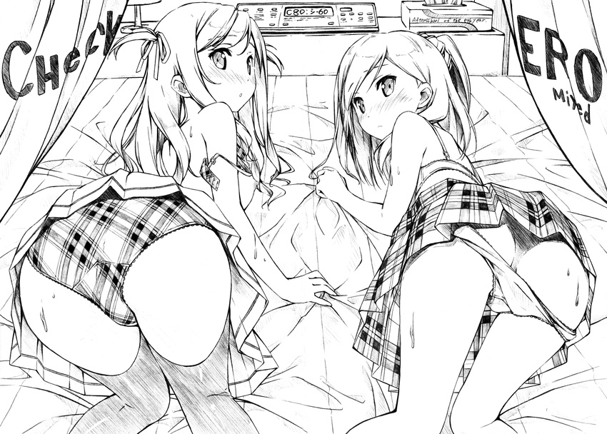 2girls 5_nenme_no_houkago blush kantoku kurumi_(kantoku) monochrome nipples panties shizuku_(kantoku) sketch thighhighs underwear