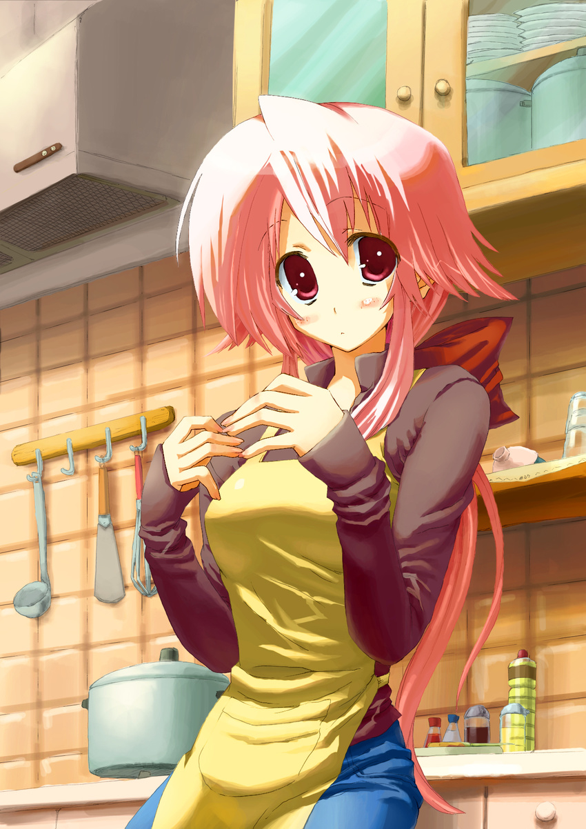 apron blush bow character_request copyright_request highres kitchen long_hair long_sleeves masa_(masa-koba) pants pink_eyes pink_hair ponytail solo source_request