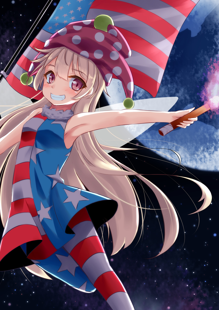 1girl absurdres adapted_costume american_flag american_flag_dress american_flag_legwear armpits bangs bare_arms bare_shoulders blonde_hair blue_dress blue_legwear blush breasts clownpiece commentary_request dress earth eyebrows_visible_through_hair fairy_wings fang feet_out_of_frame flag grin hair_between_eyes hat highres holding holding_torch indica jester_cap long_hair looking_at_viewer neck_ruff pantyhose polka_dot polka_dot_hat purple_eyes purple_hat red_dress red_legwear short_dress sleeveless sleeveless_dress small_breasts smile solo space star star_(sky) star_print striped striped_dress striped_legwear thighs torch touhou very_long_hair white_dress white_legwear wings