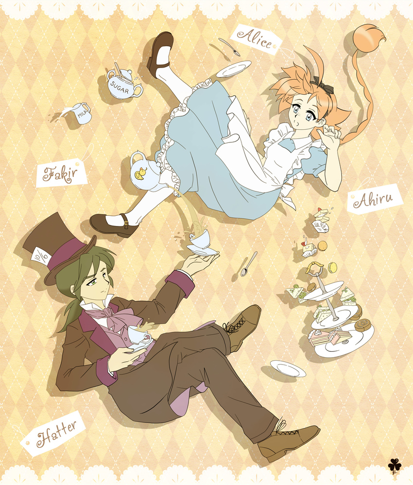 1girl absurdres ahiru ahoge alice_(wonderland) alice_(wonderland)_(cosplay) alice_in_wonderland blue_eyes cake cosplay crossed_legs dress english fakir falling food formal freckles green_hair hair_ribbon hat highres mad_hatter mad_hatter_(cosplay) mary_janes orange_hair pantyhose plate ponytail princess_tutu ribbon sandwich shoes sitting spoon suit teapot top_hat