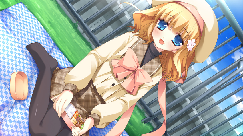 black_legwear blonde_hair blue_eyes bow day dress dutch_angle flower food game_cg grass hair_flower hair_ornament hat hazuki_suina hyper_highspeed_genius kneeling miyasu_risa pantyhose picnic ribbon school_uniform short_hair sky smile solo