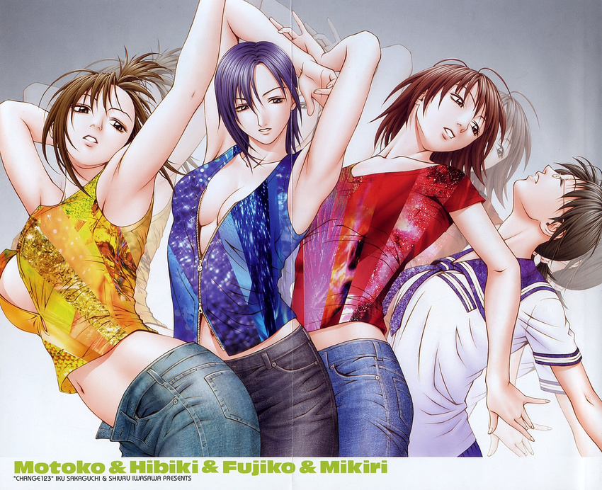 4girls armpits arms_up black_hair breasts brown_eyes brown_hair change123 cleavage denim female fujiko_(change123) gettou_motoko glasses hibiki_(change123) highres iwasawa_shiuri jeans large_breasts lineup love_train midriff mikiri_(change123) multiple_girls navel pants purple_hair sakaguchi_iku school_uniform serafuku short_hair tank_top vest zipper