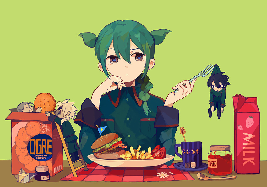 bad_id bad_pixiv_id baddap_sleed blue_hair braid cookie eska_bamel facial_mark food fork french_fries green_hair hamburger inazuma_eleven inazuma_eleven_(series) ladder male_focus military military_uniform milk miniboy mistorene_callus multiple_boys plate red_eyes sandai_mishima single_braid sumi_(pixiv619693) uniform white_hair