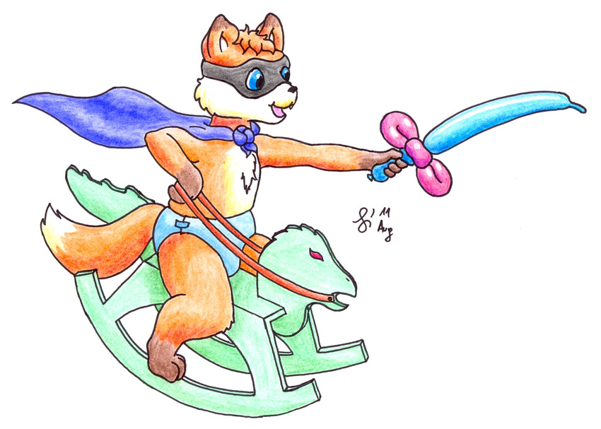 canine cape childhood cub diaper fox kennykitsune male mammal mask playing rocking_horse sen-en solo sword toddler weapon young