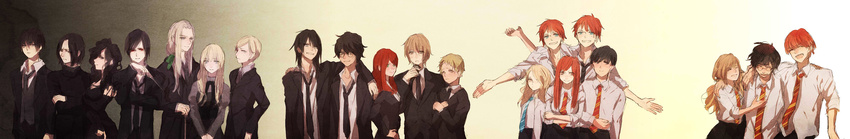 6+girls absurdres bellatrix_lestrange black_hair blonde_hair draco_malfoy everyone fred_weasley george_weasley ginny_weasley harry_james_potter harry_potter hermione_granger highres james_potter kurosujuu lily_evans long_image lucius_malfoy luna_lovegood multiple_boys multiple_girls narcissa_malfoy necktie neville_longbottom peter_pettigrew red_hair regulus_arcturus_black remus_john_lupin ron_weasley severus_snape sirius_black tom_marvolo_riddle voldemort wide_image