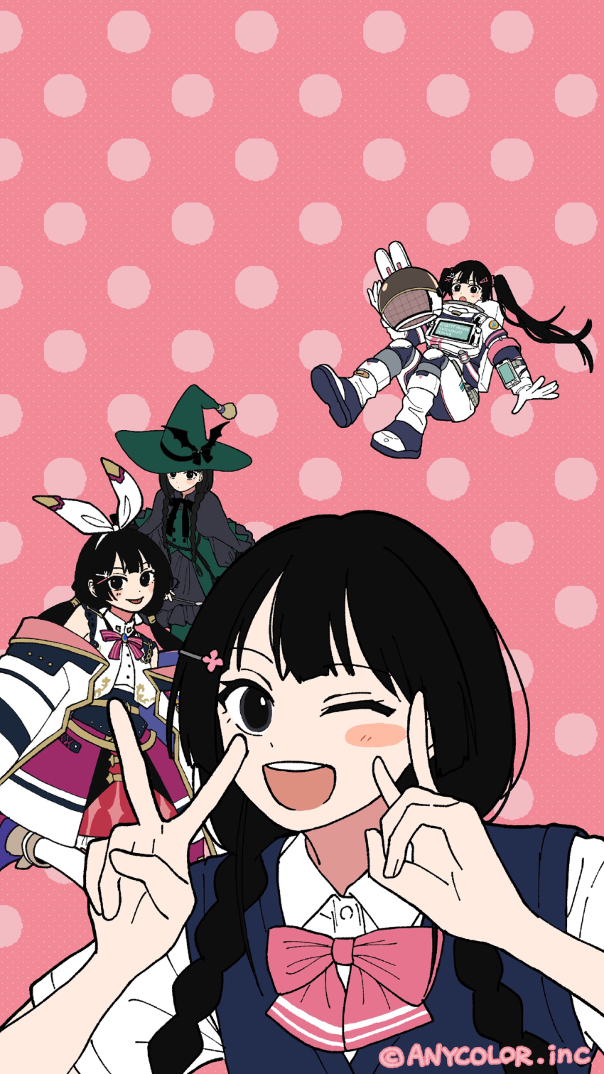 1girl :d absurdres animal_ear_hairband animal_ear_helmet animal_ears animal_helmet astronaut black_eyes black_hair blue_sweater_vest blush_stickers bow bowtie clock coalowl coat collared_shirt commentary_request copyright_notice digital_clock double_v fake_animal_ears fake_phone_screenshot fake_screenshot flat_color green_hat hair_ornament hair_over_shoulder hairband hairpin hands_up hat helmet highres holding holding_unworn_helmet long_hair looking_at_viewer low_twintails multiple_costumes multiple_views nijisanji off_shoulder official_art one_eye_closed open_clothes open_coat open_mouth pink_background pink_bow pink_bowtie polka_dot polka_dot_background rabbit_ear_hairband rabbit_ears second-party_source shirt smile space_helmet spacesuit sweater_vest teeth tsukino_mito tsukino_mito_(astronaut) tsukino_mito_(jk_gumi_fantasy) tsukino_mito_(summer_uniform) tsukino_mito_(witch) twintails unworn_headwear unworn_helmet upper_teeth_only v variant_set virtual_youtuber white_coat white_shirt witch witch_hat